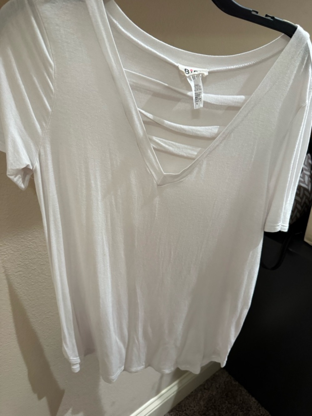 BiBi White Short Sleeve V-Neck Top with Ladder Back Straps